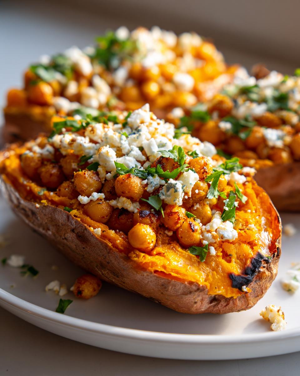 45-Minute Air Fryer Crispy Buffalo Chickpea Stuffed Sweet Potatoes