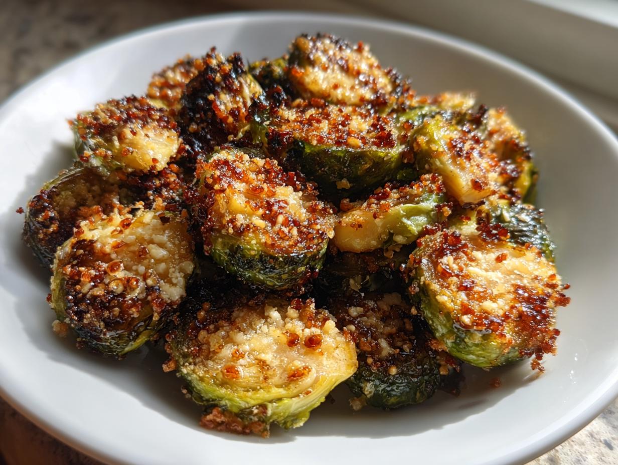 25-Minute Air Fryer Crispy Parmesan Brussels Sprouts with Hot Honey Drizzle