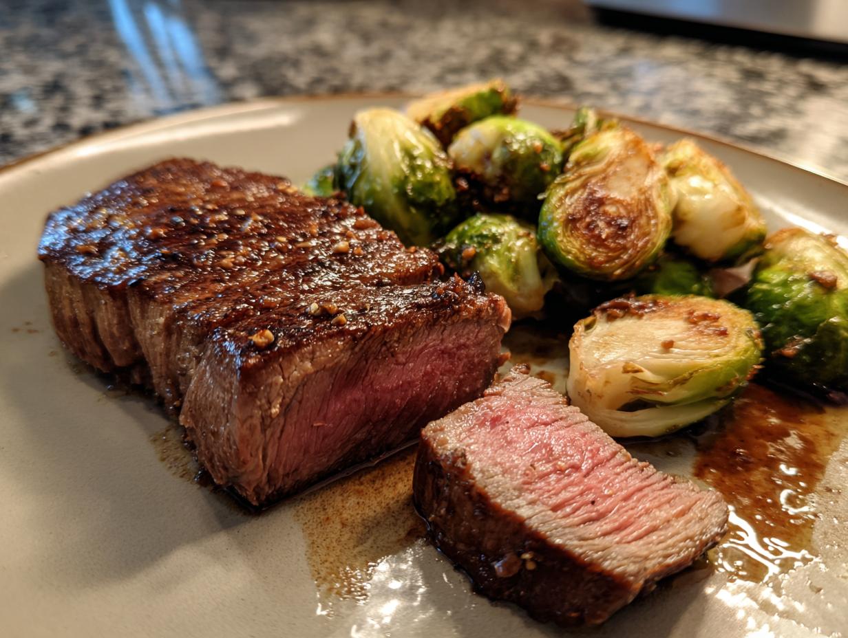 Juicy Air Fryer Garlic Butter Steak and Brussels Sprouts in 30 Minutes