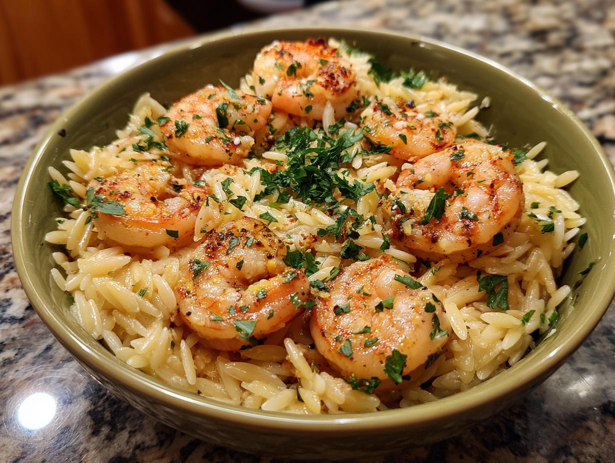 25-Minute Air Fryer Lemon Garlic Parmesan Shrimp Orzo You’ll Crave