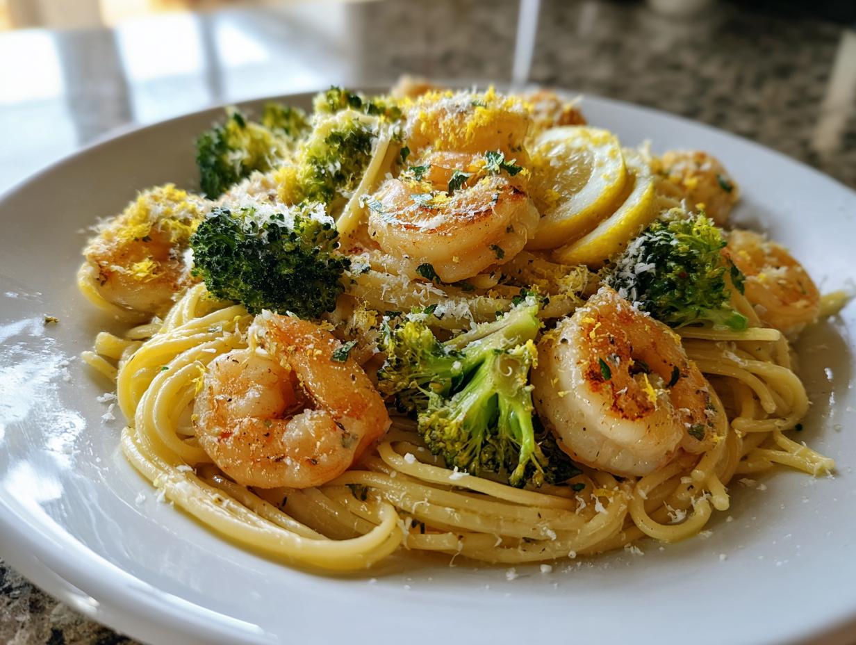 25-Minute Air Fryer Lemon Garlic Shrimp and Broccoli Pasta Bliss
